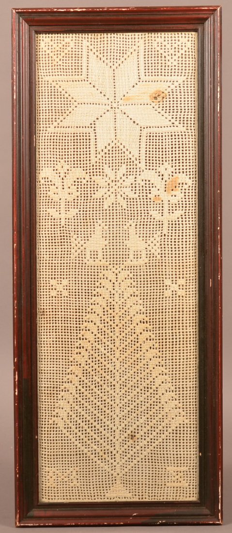 Framed Linen and Cotton White-Work.: 19th Century Framed Linen and Cotton White-Work. With distelfinks, tulips, star and tree needlework. Ex-Titus Geesey Collection, In a molded frame. 31-3/4" x 13" overall. Condition: Good with minor ho