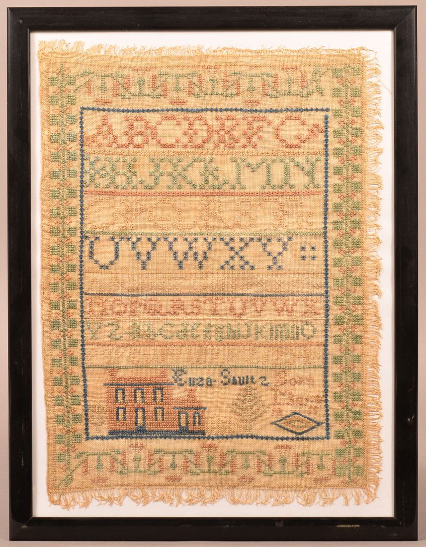 Early 19th Century Needlework Sampler.: Early 19th Century Cross Stitch Needlework Sampler. Signed "Eliza Shultz Born Mar. 4, 1819". House, trees and vine border. 14" x 10", in a modern frame 17" x 13" overall. Condition: Good with even fad
