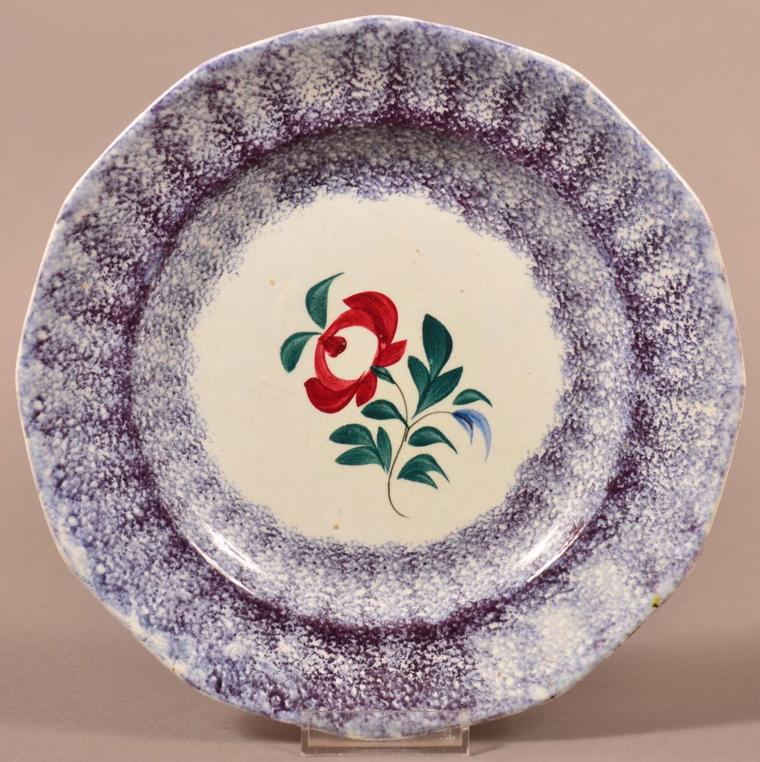 Purple Spatter Rose Pattern China Plate: Purple Spatter Adams Rose Pattern Ironstone China Paneled Plate . Purple decorated with an Adams Rose as the center decoration. 8 3/8" diam. Condition: Very good.