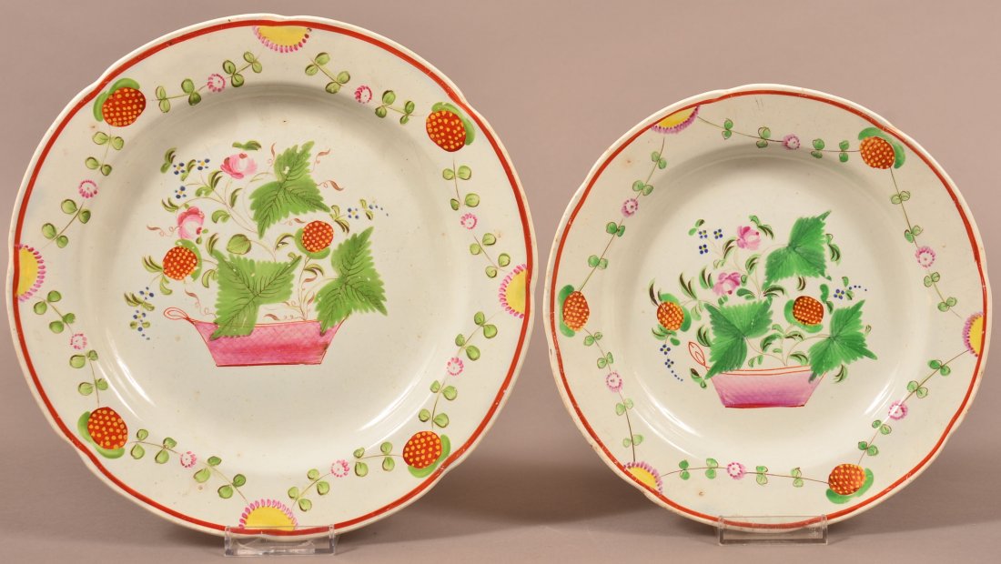 Soft Paste China Polychrome Strawberry Plates: Soft Paste Pearlware Strawberry Decorated Pair of Plates. 8" and 9 1/2" in diam. Condition: Light wear.