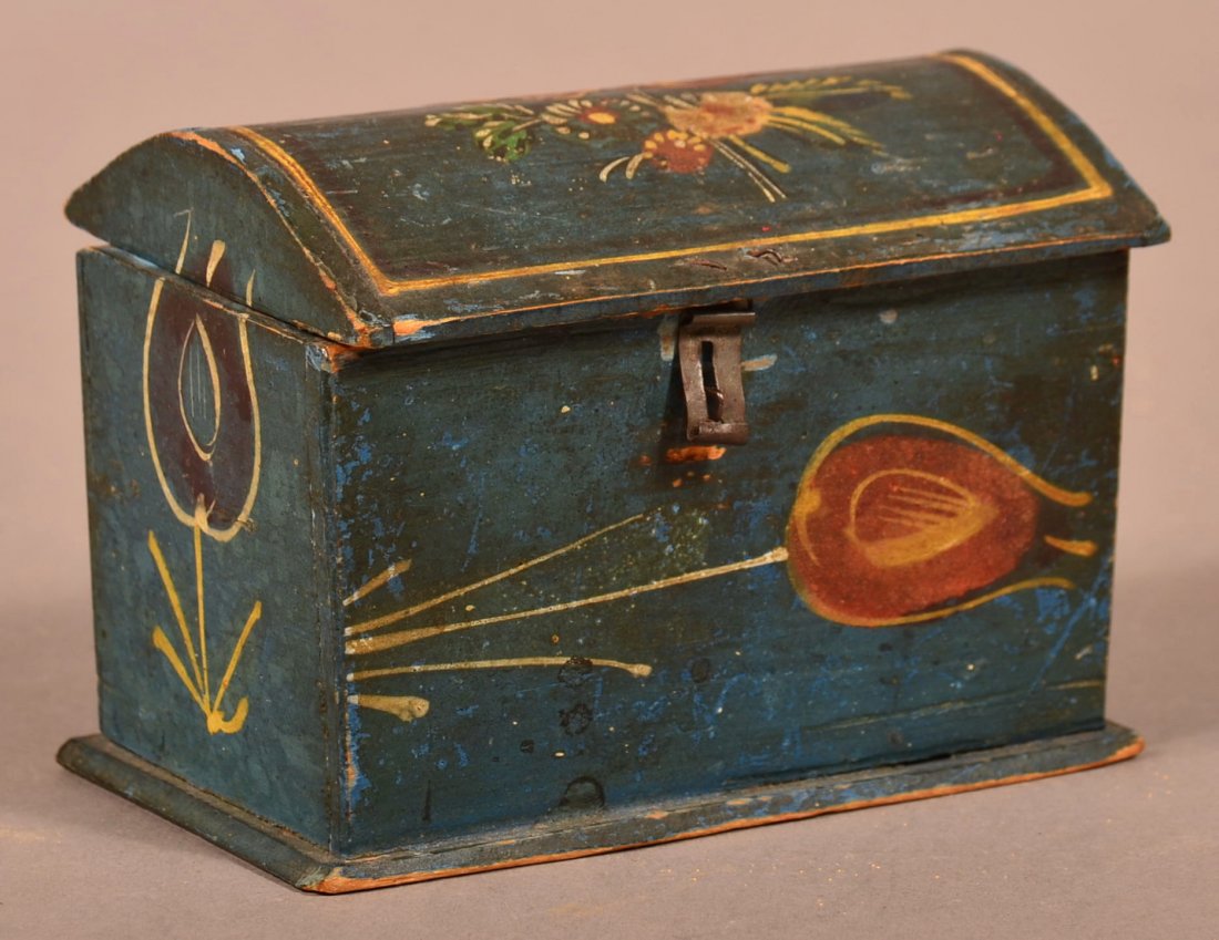 Early Paint Decorated Dome Lid Trinket Box.: Early 19th Century Paint Decorated Dome Lid Pine Trinket Box. Blue ground with polychrome floral hand painted decoration. With original wire hinges and tin hasp, pegged construction, signed on base in