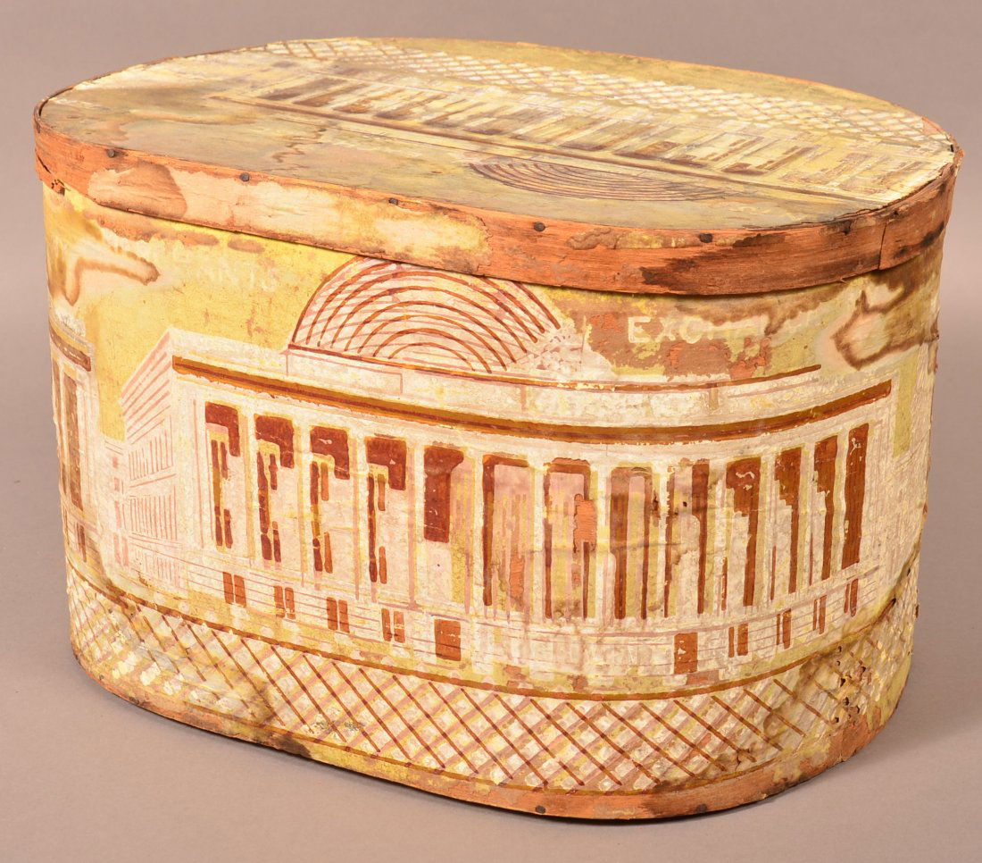 Bentwood Band Box with Wall Paper Covering.: Bentwood Band Box with Merchant's Exchange, New York Wall Paper Covering. Circa Mid 19th Century. 11-1/4"h. x 18-1/4"w. x 14"d. Condition: Fair with stains and losses.