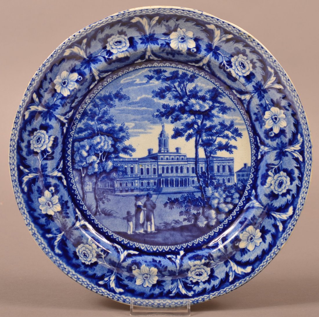 Historical Staffordshire Blue Transfer Plate.: Historical Staffordshire Blue Transfer China "City Hall New York" from the Beauties of America Series Plate. 9-7/8" diam. Condition: Very good.