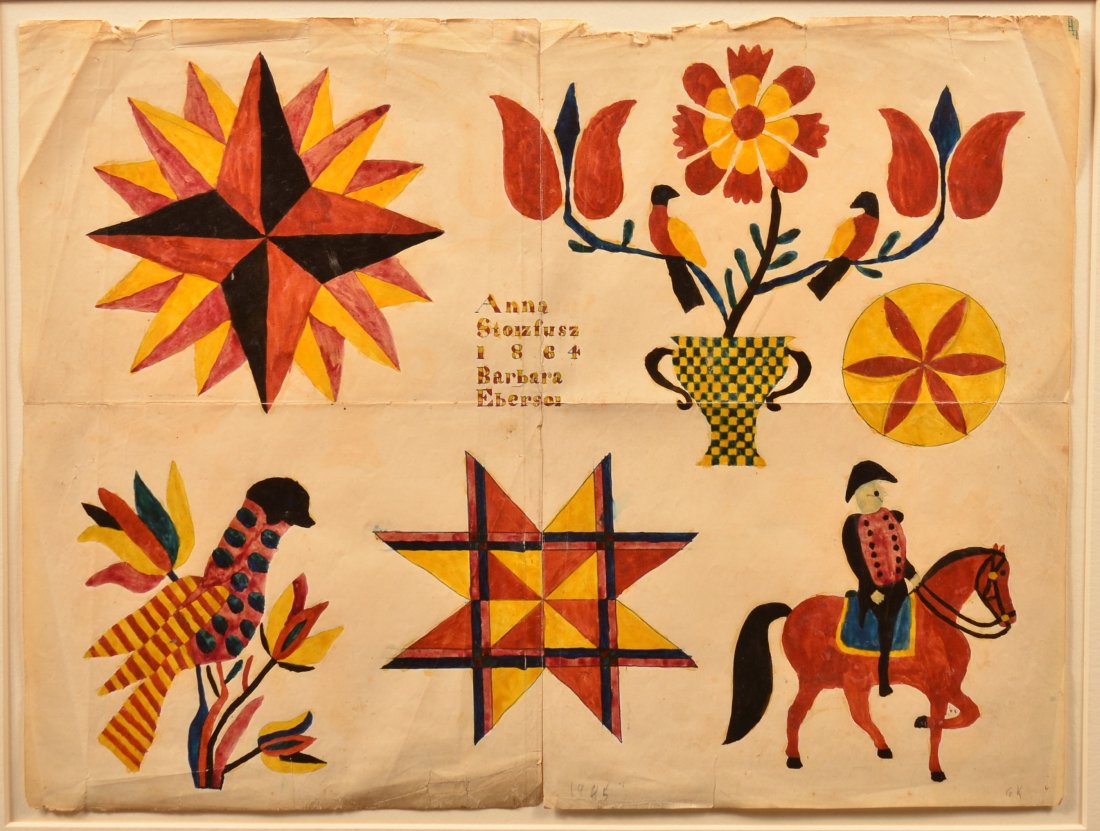 Fraktur Sampler Signed Barbara Ebersol, 1864.: Very Fine and Rare Lancaster County, PA Fraktur Sampler Signed Barbara Ebersol. Considered the best known example of her work having the only known human figure of her work, she was 18 years of age wh