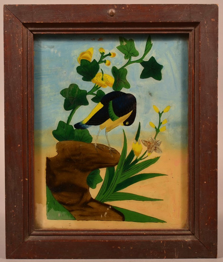 Reverse Painting on Glass of a Bird on Rock.: Reverse Painting on Glass of a Preening Bird Standing on Rock. Info written on back in pencil painted by Johnny Scott in 1843. Ex. Clyde Youtz Collection. Image 9-1/2" x 7-1/2"; in a period red painte