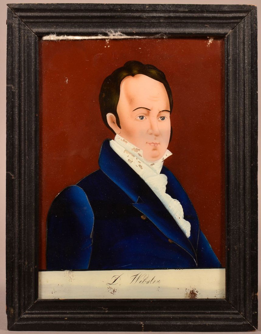 Reverse Painting on Glass of a Gentleman.: Early 19th Century Reverse Painting on Glass of a Gentleman. Signed on bottom banner "D. Webster". Shoulder length portrait of a gentleman in overcoat and white lace collar shirt. Image 9-1/2" x 6-3/4