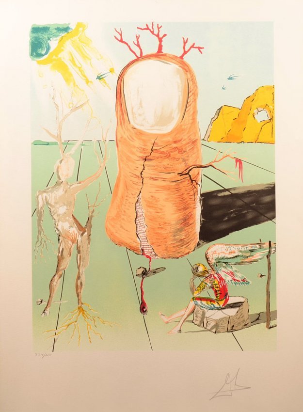 Salvador Dali "Vision of the Angel.: Salvador Dali "Vision of the Angel of Cape Creus" Lithograph. Pencil signed lower right, lower left corner impressed Dali Art N.V., edition 224/350. In an original Salvador Dali portfolio case, not or