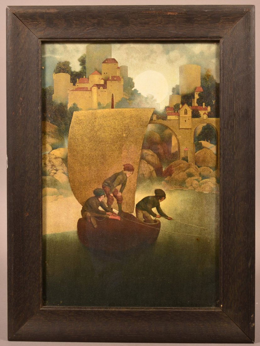 Maxfield Parrish Wynken, Blynken, and Nod.: Maxfield Parrish (1870 - 1966) Wynken, Blynken, and Nod Print. Signed M.P. lower left, in original frame, 19" x 14" overall. Condition: Very good with some minor stains.