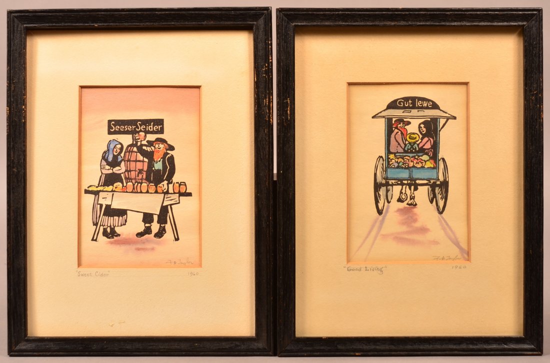 2 Signed Florence Starr Taylor Amish Prints.: Two Hand Signed Florence Starr Taylor (American 1904-1991) Colored Amish Prints. Dated 1960. Titled "Good Living" and "Sweet Cider". Framed and matted each measures 11-5/8" x 9" overall. Condition: Go