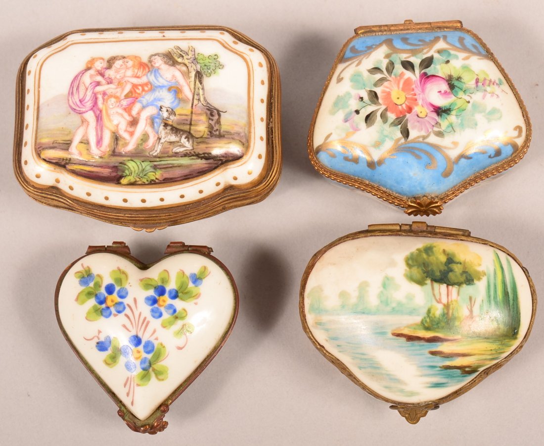 Four Hand Painted Porcelain Trinket boxes.: Four Various 19th Century Hand Painted Porcelain Trinket boxes. Including Early Sevres or Vincennes and Capodimonte. 1-3/4" to 2-3/4" wide. Condition: Very good.
