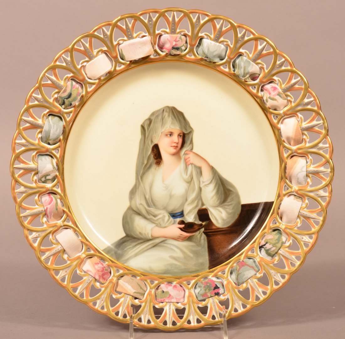 Antique Porcelain Portrait Plate.: Antique Porcelain Portrait Plate with Pierced Flur-de-lis Border. Artist signed "Heney", after the painting by Angelica Kauffmann titled the Vestal Virgin. Signed on back Angelica Kaufmann. 12-7/8" di