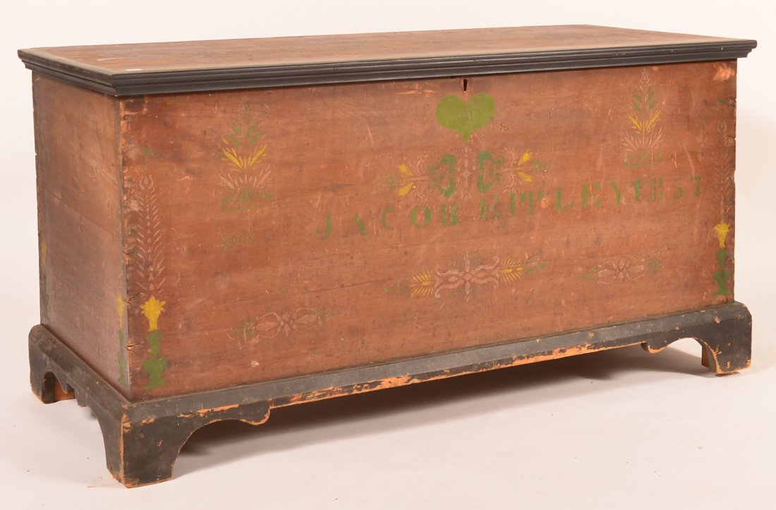 PA Softwood Stencil Decorated Blanket Chest.: Western PA Softwood Stencil Decorated Blanket Chest. Signed Jacob Eppley, 1857, with green and yellow stencil decoration, a potted floral vine and heart motif, molded lid, interior till, dovetailed ca