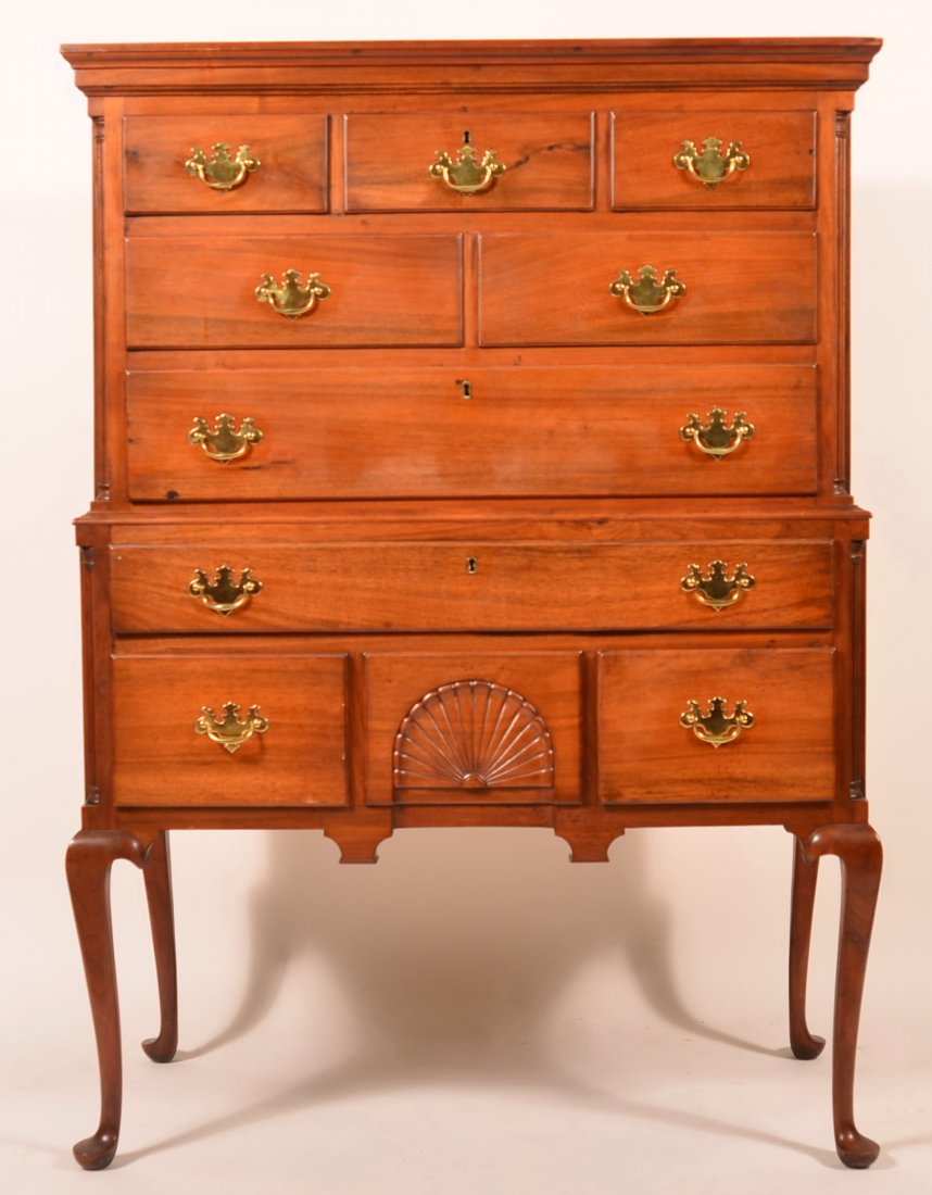 American Transitional Walnut Highboy.: American Queen Anne/Chippendale Transitional Walnut Highboy. Upper section with three over two over one full width lip molded dovetailed drawer and fluted corner columns. Lower section with full width