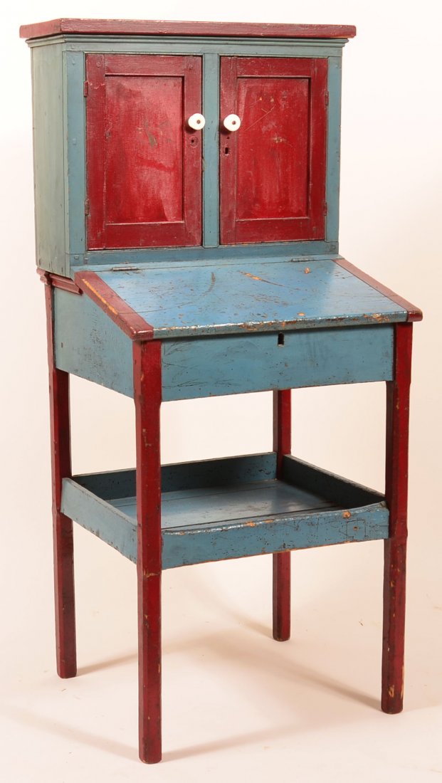 Paint Decorated School Masters Lift Lid Desk.: Very Fine Primitive 1860's School Desk Found in Allentown PA. Chamfered Legs, pegged construction. 53 1/2"h x 19 1/2" x 23 1/2". Condition: Very good.