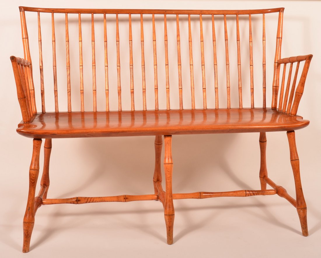 Walter Steeley Windsor Style Settee.: Walter Steeley Lancaster Pa Windsor Style Settee. Bamboo turned with duck bill arms and bulbous stretcher base. Seat height 18-1/2"h; 35-1/4"h. overall; 45-1/2"w. Condition: Very good with minor scuff