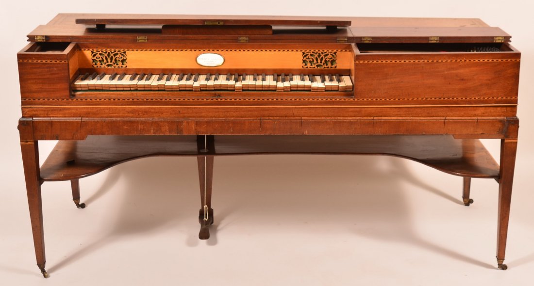 Hepplewhite Inlaid Mahogany Piano Forte'.: Broderip & Wilkinson, Haymarket, London Hepplewhite Inlaid Mahogany Piano Forte'. Date marked inside 1807. 32-1/2"h. x 65-1/2"e. x 23-1/2"d. Condition: Good with losses and cracks, need mechanical att