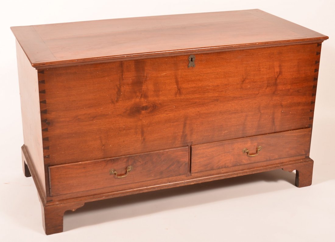 PA Chippendale Walnut Blanket Chest.: Pennsylvania Chippendale Walnut Blanket Chest. Molded lid, dovetailed case with interior till, two split lower drawers, molded base and bracket feet. 30"h. x 51-3/4"w. x 25"d. Condition: Good, refinis