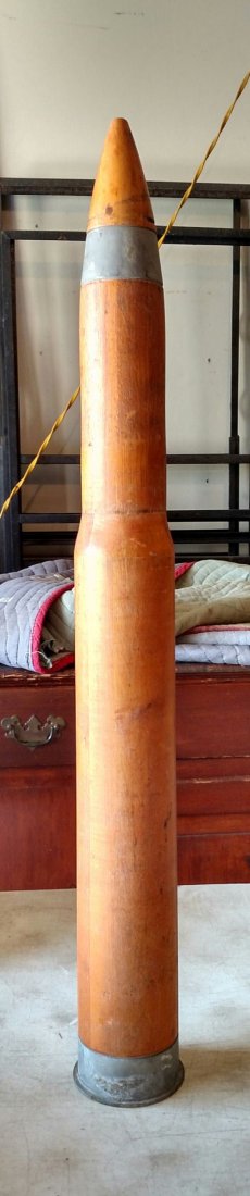 1944 Three Inch Navy Dummy Mk6 Training Shell and Crate: 1943 Wooden Ammunition Shipping Crate for 4-57mm anti tank rounds. Weight 22lbs. No Lid, Original Rope Handles, Condition: Good, Nice Patina