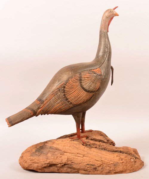 Keith Collis #1 Contemporary Folk Art Turkey.: Keith Collis #1 Contemporary Folk Art Carved and Painted Turkey. Life size figure mounted on a natural wood base. 27"h. overall. Condition: Very good.