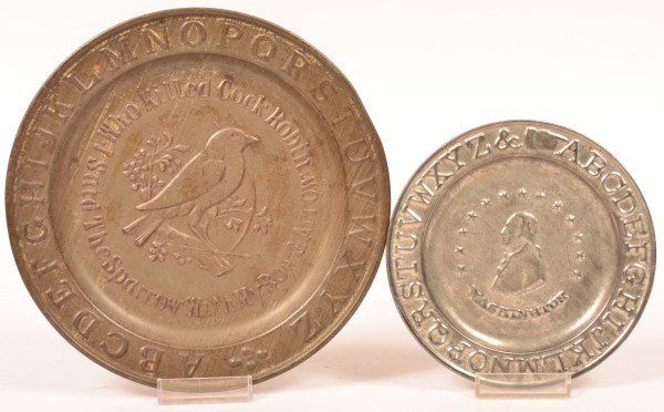 Two Tin Embossed Decorated Alphabet Plates. (1 of 1)