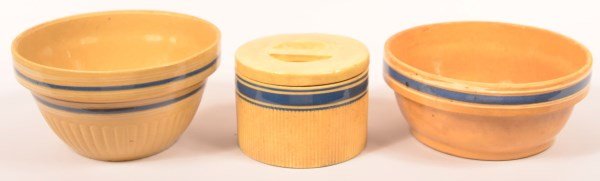 3 Pieces of Blue Band Decorated Yellowware. (1 of 2)