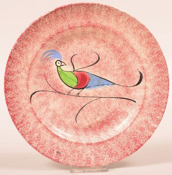 Red Spatter ironstone China Peafowl Pattern Plate. (1 of 2)