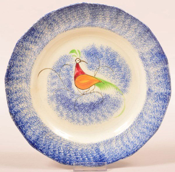 Blue Spatter Ironstone Peafowl Pattern Plate. (1 of 2)
