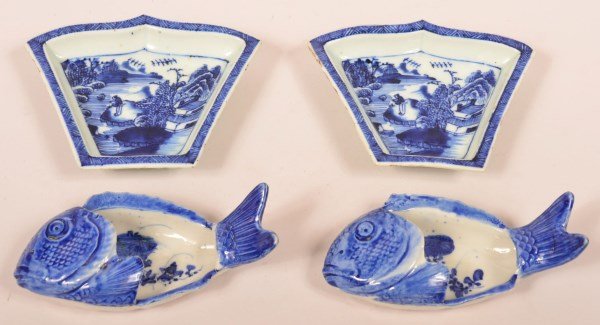 Four Pieces of Blue and White Oriental Porcelain China.: Four Pieces of Blue and White Oriental Porcelain China. Two fish form sauce dishes and two shield form sauce dishes. Fish form sauce dishes 5-3/4"l. Condition: Very good with minor edge wear.