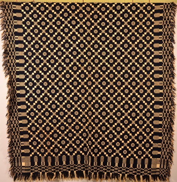 Blue and Neutral Geometric Overshot Coverlet. (1 of 2)