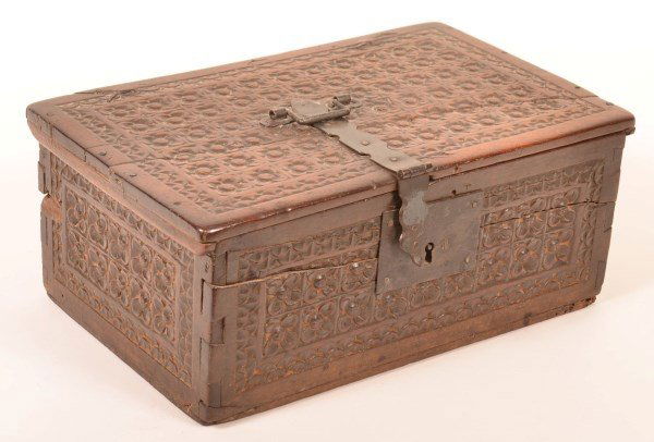 18th Century Walnut Carved Lock Box. (1 of 4)