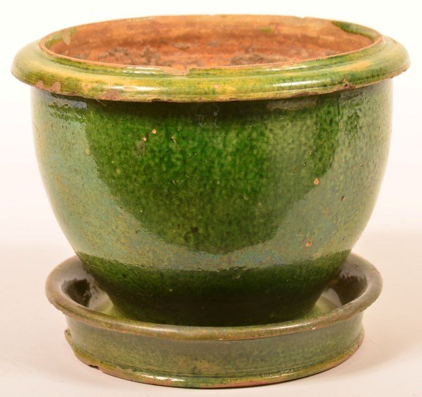 John Bell Spinach Green Glazed Flower Pot. (1 of 3)