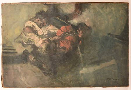 F. E. Schoonover Illustrator Art Trench Scene.: Frank E. Schoonover Oil on Canvas Illustrator Art WWI Trench Scene. Original label on back "Illustration For The Man Who Came Back. Barto Gaining His Knees Dashed Renfrew From Him". Signed lower right