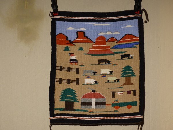 Navajo Monument Valley Pictorial: by Sally Kaye of Pinon, AZ. Rug includes cattle, sheep, hogan, and much more. From the Crownpoint, NM, rug auction. 22" x 27" warp 7 weft 32
