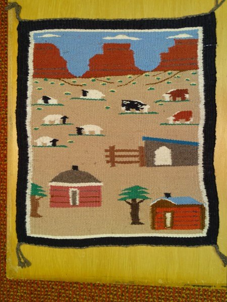 Navajo Pictorial: by Sally Kaye of Pinon, AZ. Hogan, Corral, Sweat Lodge, Sheep & Cattle in Monument Valley, AZ. 19" x 22" Warp 7 West 34 from Crownpoint, NM