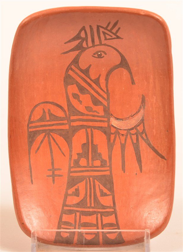 Miniature Hopi Tray: by M. Hoyee, signed Walpi Village. Shallow rectangular form with parrot or rain-bird design. 4"x2.8"
