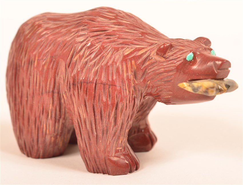 Zuni Pipestone Bear: with Fish in mouth. Both bear & fish have turquoise eyes. Signed with carvers mark. 3.1"Lx 1.4"Wx1.9"T