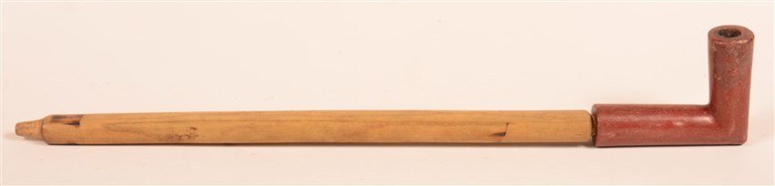Vintage Catlinite Elbo Pipe: ca.1920 3.9"Lx3"T with 16" Ash wood stem. From the Christian H. Shenk collection.