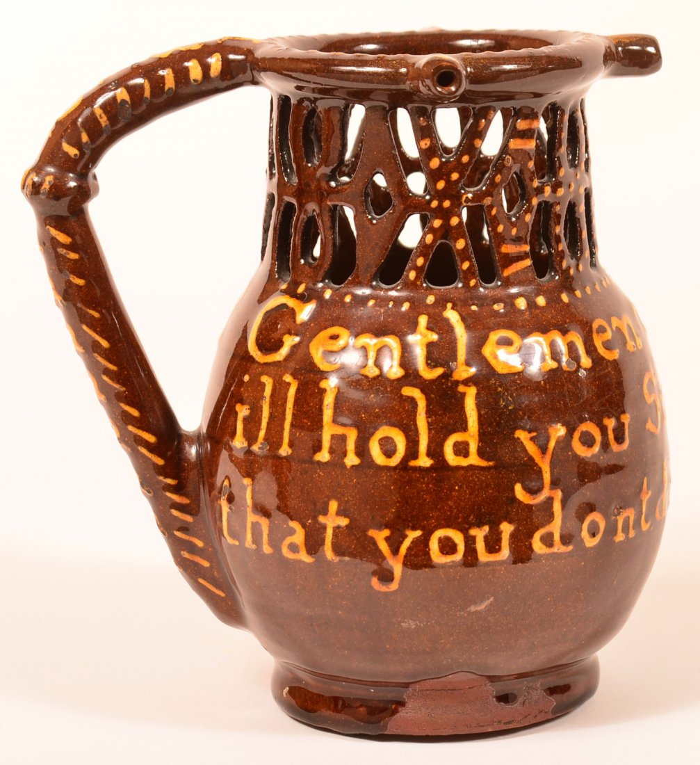 English Redware Pottery Yellow Slip Puzzle Jug. (1 of 3)