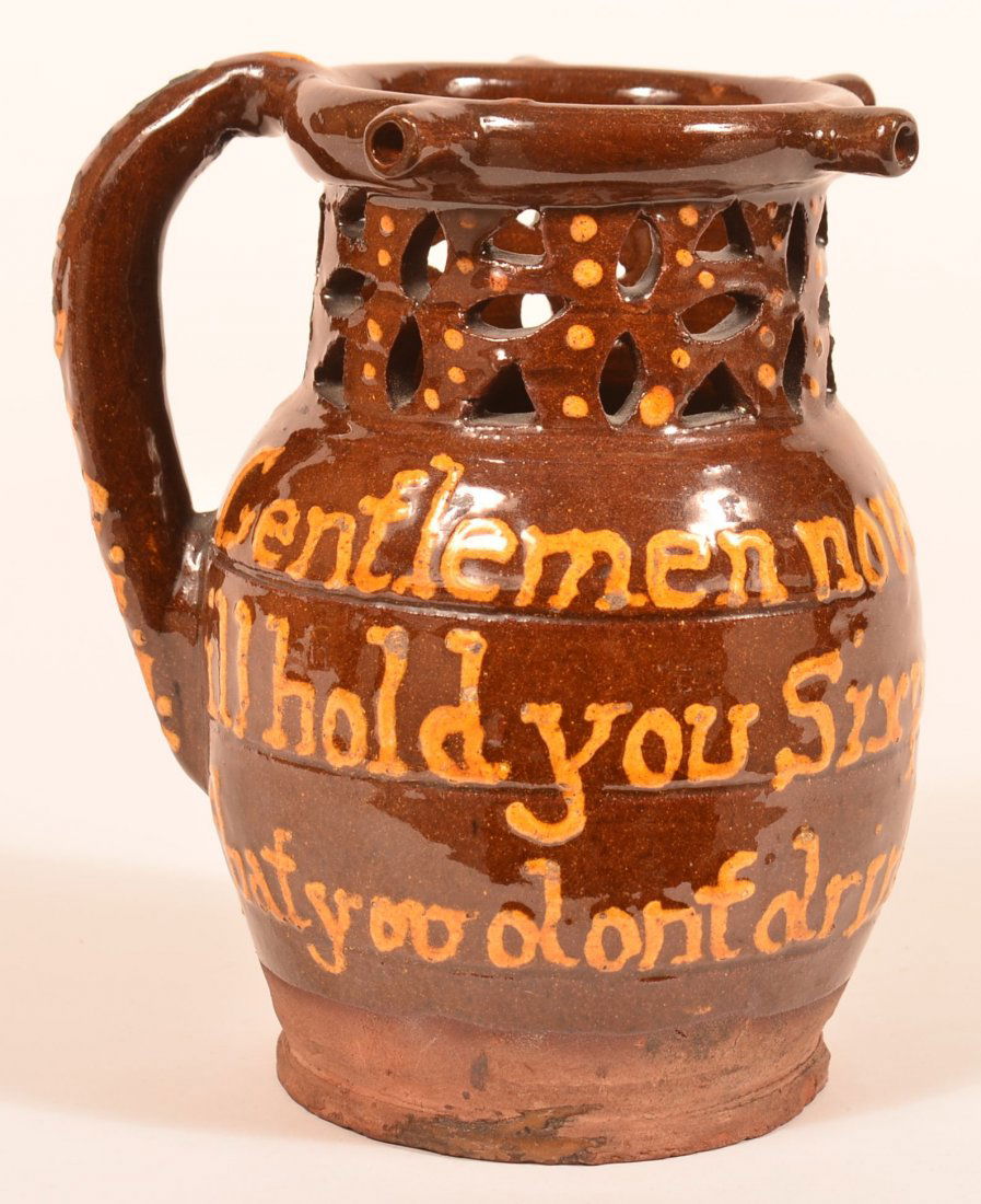 English Redware Pottery Yellow Slip Puzzle Jug. (1 of 3)