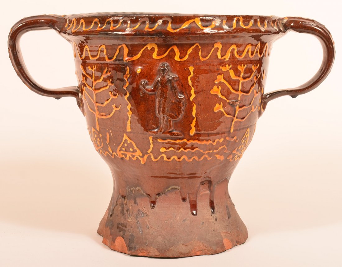 English Slip Decorated Redware Jardinière. (1 of 4)