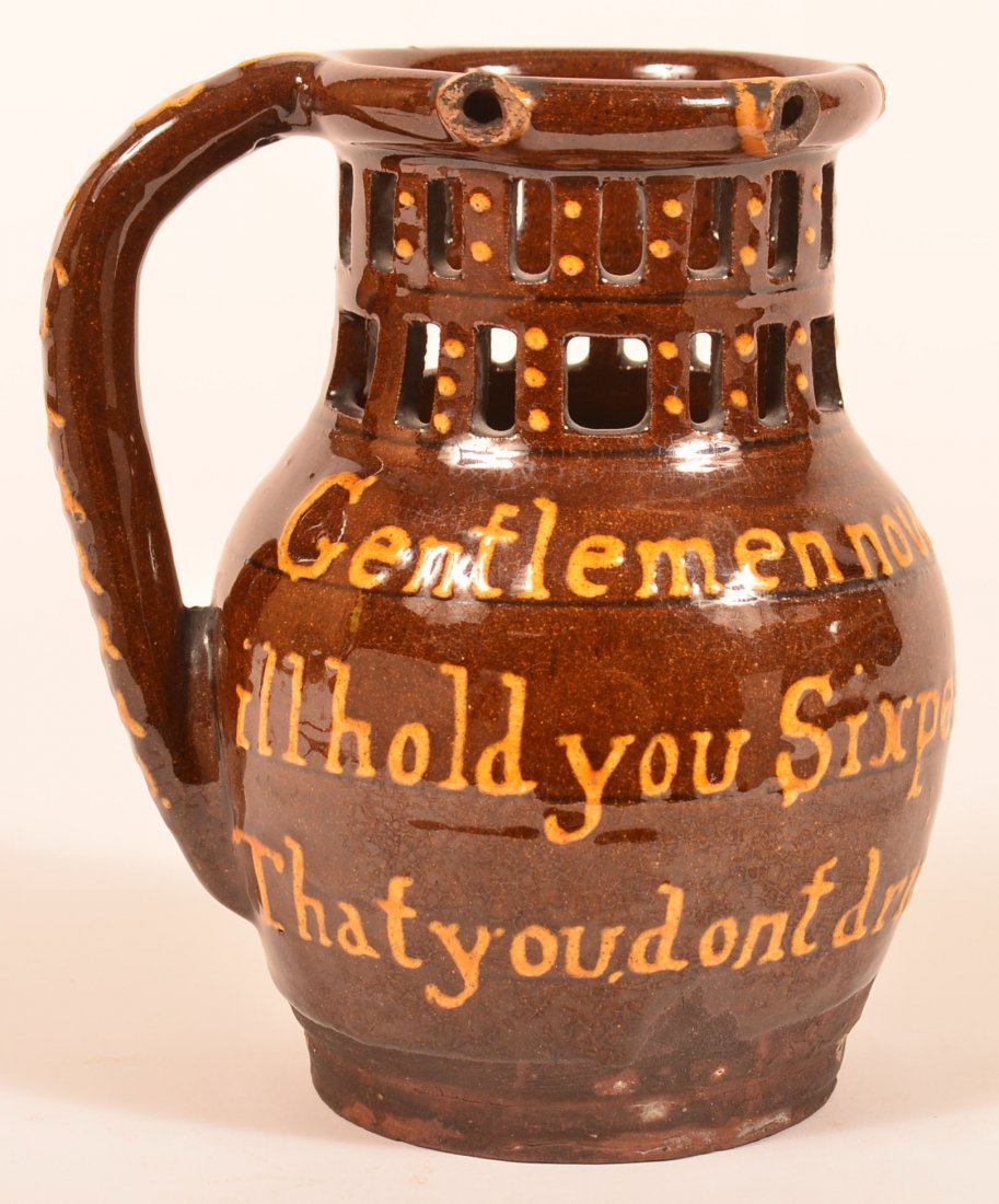 English Redware Yellow Slip Puzzle Jug. (1 of 3)