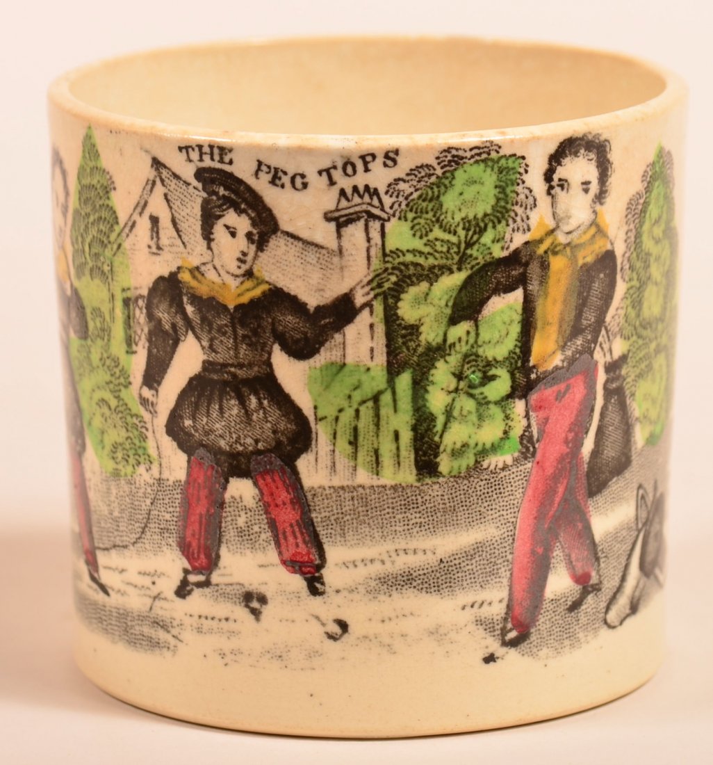 Ironstone Child's Mug Titled "The Peg Tops".: Ironstone China Child's Mug Titled "The Peg Tops". Polychrome decoration of three children spinning tops. 2-5/8"h. Condition: Good with some staining.