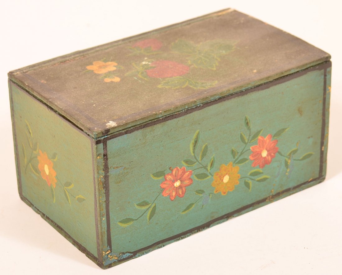 Early 20th Century Wood Cigar Box.: Early 20th Century Wood Cigar Box. Polychrome strawberry and floral decoration on blue ground attributed to Amish Decorator Mary Lapp. 4-1/4"h. x 8"w. x 5"d. Condition: Good with darkened patina and m