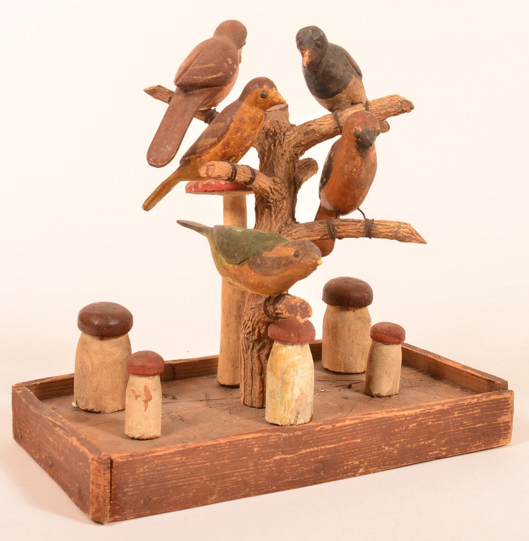 Bird Tree and Mushroom Folk Art Carving. (1 of 3)
