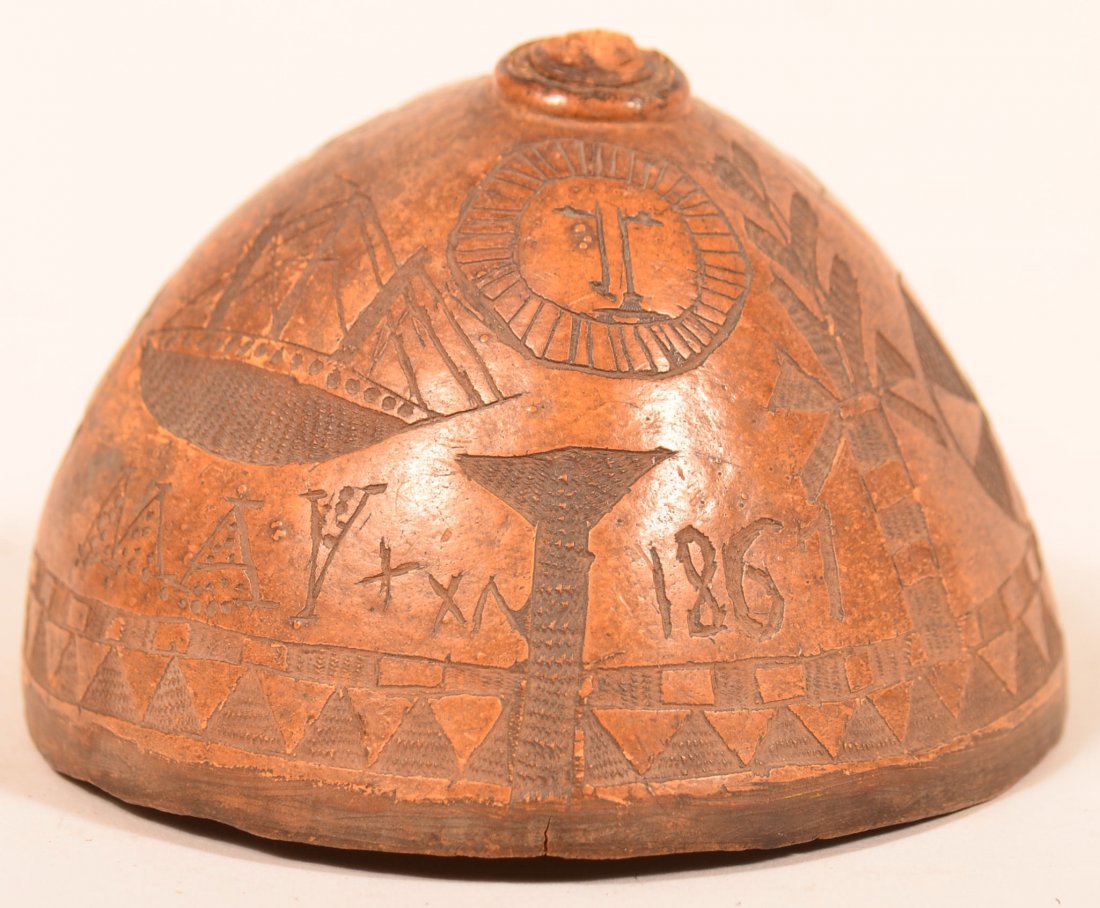 Folk Art Carved Gourd Cup.: Folk Art Carved Gourd Cup. Dated May 1861, clipper ship, geometric and floral motifs. 2-1/4"h. x 4-5/8 w. Condition: Good with minor wear.