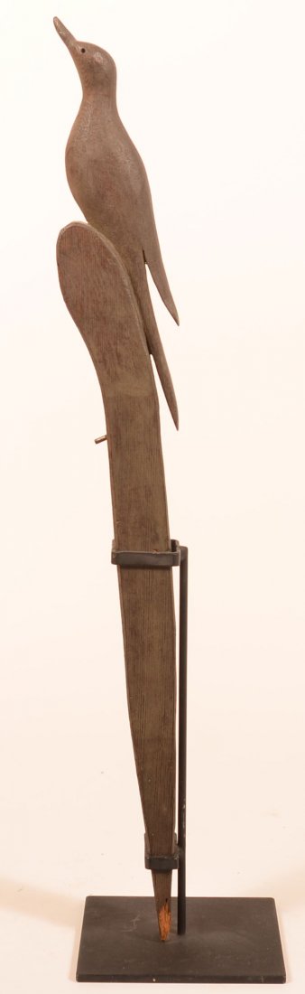 Carved Bird on Staff Figure with Old Gray Paint.: Carved Wood Bird on Staff Figure with Old Gray Paint. In a contemporary fitted base, 27"h. Condition: Good with wear and losses mostly at base.