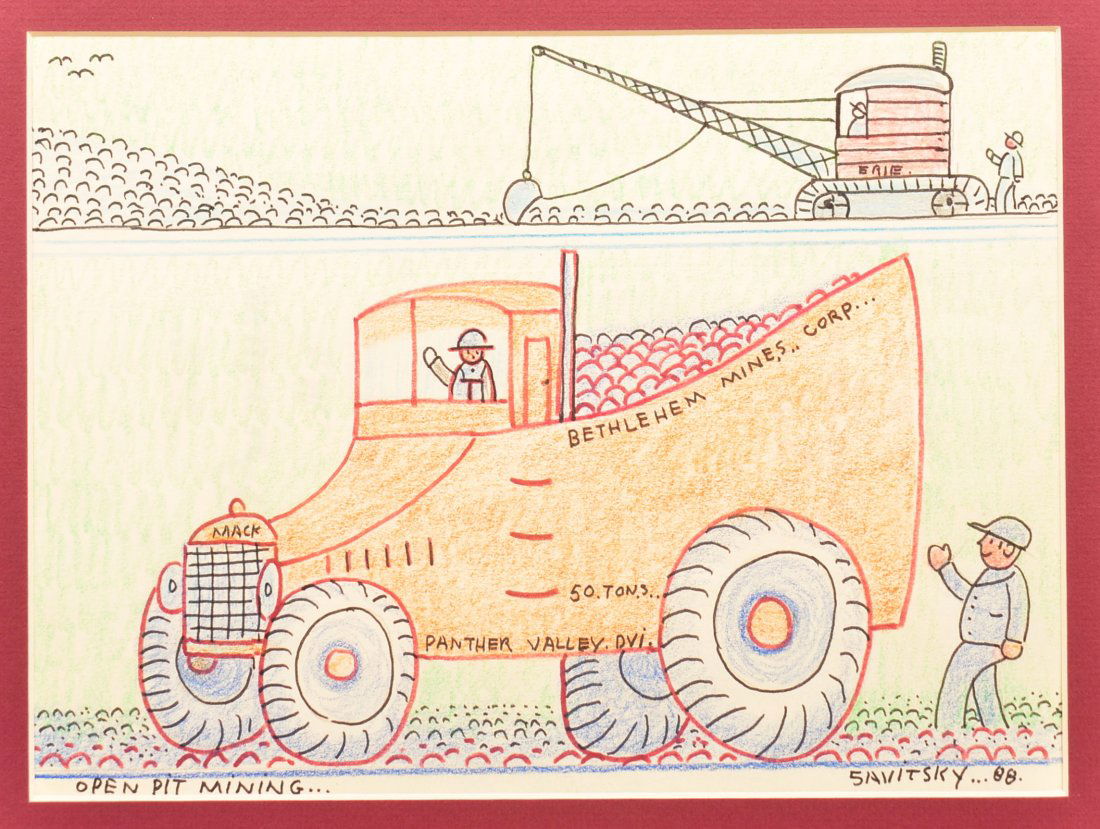 Jack Savitsky Pastel, Ink and Crayon on Paper.: Jack Savitsky (American 1910-1991) Pastel, Ink and Crayon on Paper Open Mining Panther Div. Signed and dated lower right '88, unframed. 8-1/2" x 11-1/2". Condition: Very good.