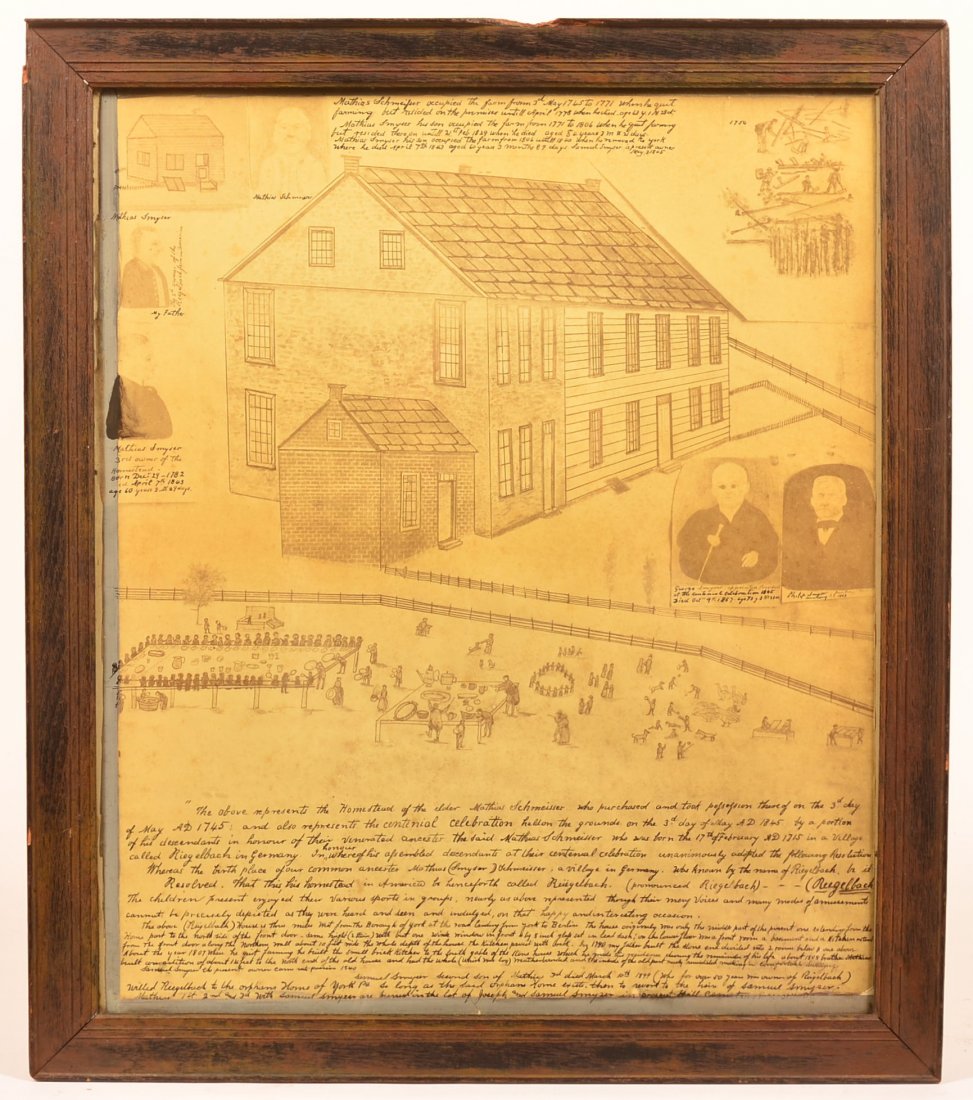 Centennial Celebration of Mathias Schmeisser.: Printed Centennial Celebration at the Homestead of the Elder Mathias Schmeisser. York County, PA., in an oak molded frame 23" x 20" overall. Condition: Good with fading and stains, restoration to left