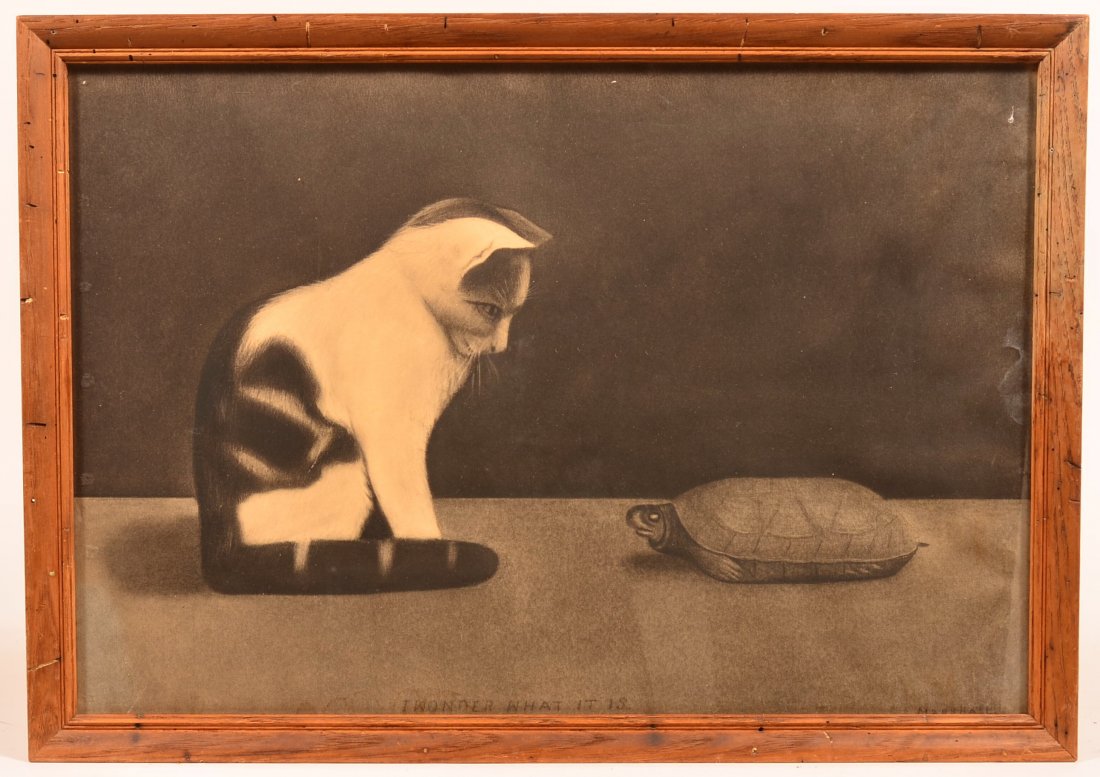 Charcoal Drawing of a Cat and Turtle.: Charcoal Drawing of a Cat and Turtle. Titled "I Wonder What It Is", Signed Marshall in lower right. Oak molded frame. 16-1/2" x 23-1/2" overall. Condition: Good with minor water stains, small tear low