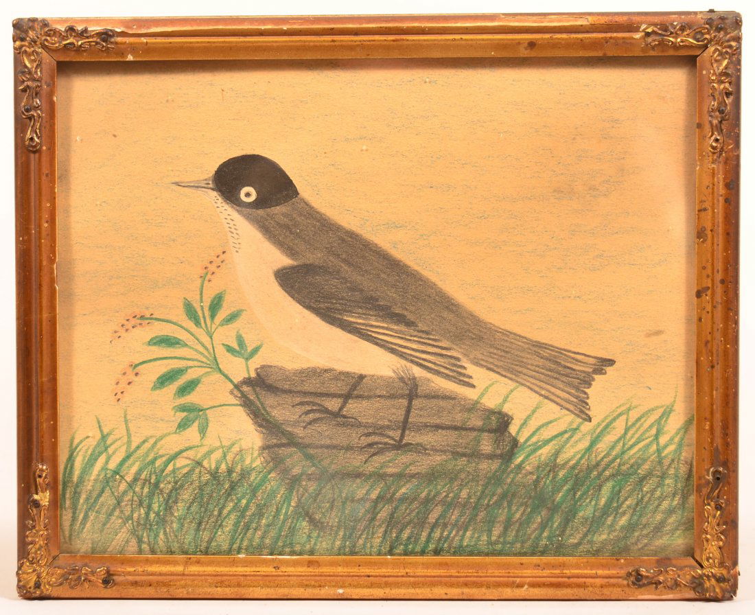 Early 20th Century Pastel of Bird on Rock.: Early 20th Century Pastel of Bird on Rock. Signed on back from Thomas Vogl to Rose Marie Contelow 1931, in a gilt frame. 8-1/2" x 10-1/2" overall. Condition: Good with minor fading.
